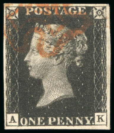 Stamp of Great Britain » 1840 1d Black and 1d Red plates 1a to 11 1840, 1d black pl.8 AK with four margins and red MC