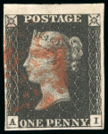 Stamp of Great Britain » 1840 1d Black and 1d Red plates 1a to 11 1840, 1d black pl.8 AI with four margins, very large partial sheet margin at top, red MC
