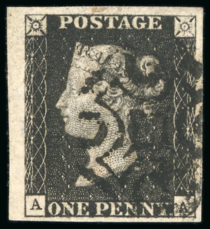 Stamp of Great Britain » 1840 1d Black and 1d Red plates 1a to 11 1840, 1d black pl.9 AA with four good to very large margins and neat strike of black MC, from state 2, the second repair