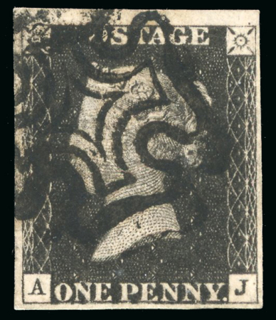 Stamp of Great Britain » 1840 1d Black and 1d Red plates 1a to 11 1840, 1d black pl.9 AJ with fine to large margins and crisp black MC, from State 2, the second repair