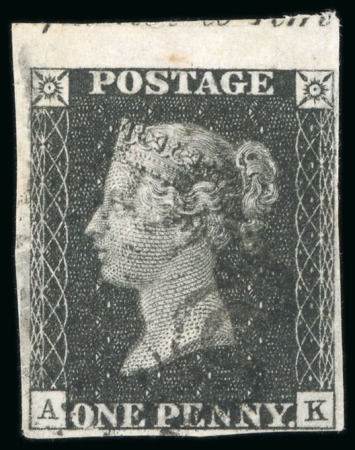 Stamp of Great Britain » 1840 1d Black and 1d Red plates 1a to 11 1840, 1d grey-black pl.10 AK top marginal with trace of inscription, used