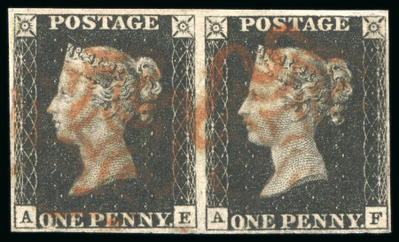 Stamp of Great Britain » 1840 1d Black and 1d Red plates 1a to 11 1840, 1d black pl.10 AE-AF horizontal pair with four margins and two strikes of red MC