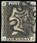 Stamp of Great Britain » 1840 1d Black and 1d Red plates 1a to 11 GB 1840, 1d black pl.11 AD with four margins and crisply struck black MC