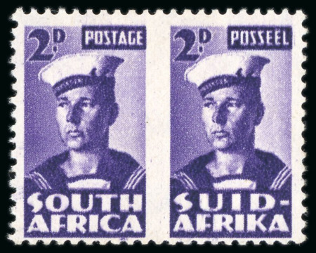 Stamp of South Africa » Union & Republic of South Africa 1942 2d. violet bilingual pair, Variety Roulette omitted,
