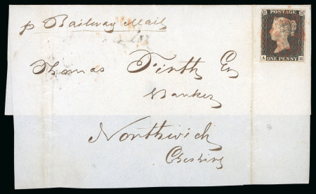 Stamp of Great Britain » 1840 1d Black and 1d Red plates 1a to 11 1840, 1d black pl.3 "AH", on front with bacfklap, inscribed in manuscript "p Railway Mail"