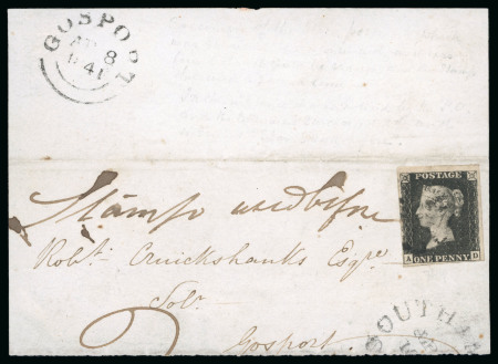 Stamp of Great Britain » 1840 1d Black and 1d Red plates 1a to 11 1840, 1d black pl.7 AD on part lettersheet with black MC, endorsed in manuscript "Stamp used before"
