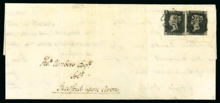 Stamp of Great Britain » 1840 1d Black and 1d Red plates 1a to 11 1840, 1d black pl.9 AE and AG on entire from Warwick to Stratford upon Avon, each tied black MC