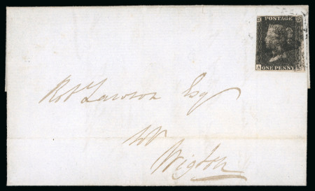Stamp of Great Britain » 1840 1d Black and 1d Red plates 1a to 11 1840, 1d black pl.11 AA with three good to large margins on cover to Wigton tied by black MC