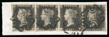Stamp of Great Britain » 1840 1d Black and 1d Red plates 1a to 11 1840, 1d black pl.11 AH-AK horizontal strip of four with neat strikes of black MC, repaired