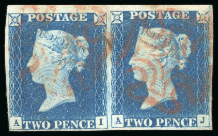 Stamp of Great Britain » 1840 2d Blue (ordered by plate number)  1840, 2d pale blue pl.1 AI-AJ horizontal pair with clear to large margins, used