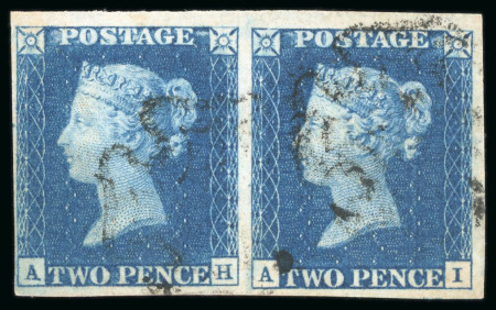 Stamp of Great Britain » 1840 2d Blue (ordered by plate number) GB 1840 2d blue pl.2 AH-AI horizontal pair with clear to very large margins, light black MCs