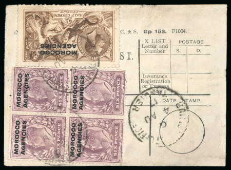 Stamp of Morocco Agencies (British Post Offices) » British Currency 1917 (Aug 4) Tangier British Post Office parcel post label with 1907-13 6d block of four and 1914-31 De La Rue Seahorse 2s6d