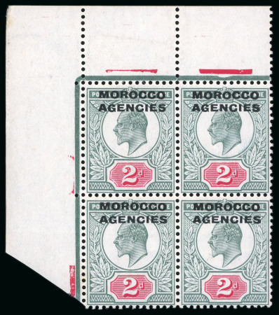 Stamp of Morocco Agencies (British Post Offices) » British Currency 1907-13 2d pale grey-green and carmine-red pair of mint l.h. top left corner marginal blocks of four showing the early and late states of the "rhombus flaw" 