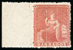 Stamp of Barbados 1861-70, (4d) dull vermilion, rough perforation 14 to 16, from plate II with sheet margin at left showing the plate number