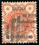 Stamp of Bechuanaland 1888 1/2d vermilion, used with barred oval, showing double overprint variety