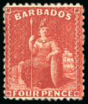 Stamp of Barbados 1875-81 CC 4d deep red, unused with large part gum,