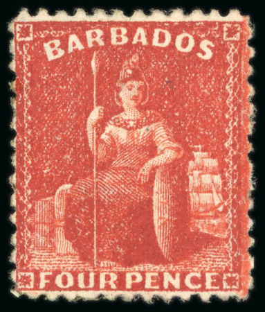 Stamp of Barbados 1875-81 CC 4d deep red, unused with large part gum,