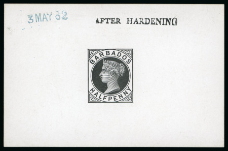 Stamp of Barbados 1882 Die Proof 1/2d black on card, dated "3 MAY 82"