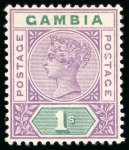 Stamp of Gambia 1898-1902 CA 1s violet and green, mint, showing malformed