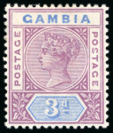 Stamp of Gambia 1898-1902 CA 3d reddish purple and blue, mint, showing