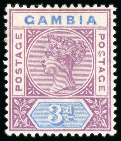 Stamp of Gambia 1898-1902 CA 3d reddish purple and blue, mint, showing
