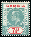 Stamp of Gambia 1904-06 MCA 7 1/2d green and carmine, mint, showing