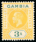 Stamp of Gambia 1912-22 MCA 3s yellow and green, mint, showing split