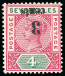 Stamp of Seychelles 1893 3c on 4c rose and green, two mint singles showing