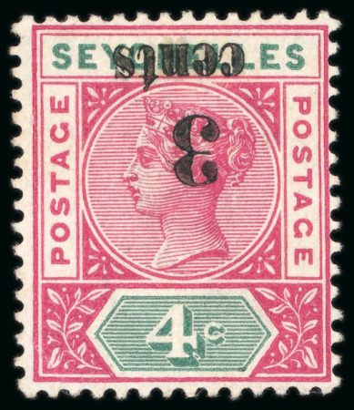 Stamp of Seychelles 1893 3c on 4c rose and green, two mint singles showing
