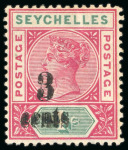 Stamp of Seychelles 1893 3c on 4c rose and green, two mint singles showing