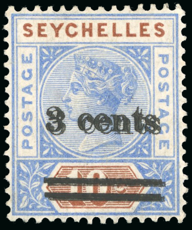 Stamp of Seychelles 1901 3c on 10c bright ultramarine & brown, mint showing