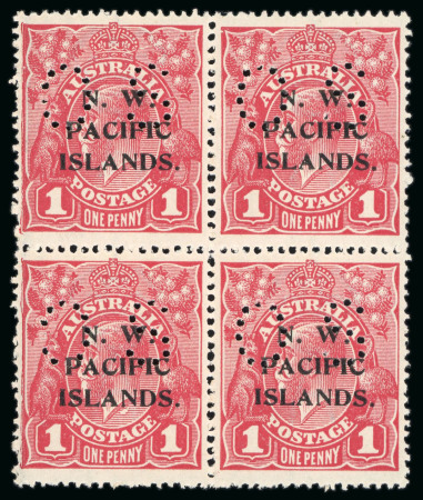 Stamp of New Guinea Officials: 1919-23 1d carmine-red, die I, perfin "OS" in mint n.h. block of 4 from plate 4 with varieties