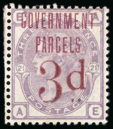 Stamp of Great Britain » Officials Govt Parcels: 1883 3d on 3d lilac with "GOVERNMENT / PARCELS" essay overprint type B in red