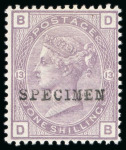 Stamp of Great Britain » 1855-1900 Surface Printed » 1880-83 Large Coloured Corner Letters, Wmk Imperial Crown 1882 1s purple DB pl.13 comb perf. 14 overprinted "SPECIMEN" type 9, mint o.g.,