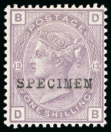 Stamp of Great Britain » 1855-1900 Surface Printed » 1880-83 Large Coloured Corner Letters, Wmk Imperial Crown 1882 1s purple DB pl.13 comb perf. 14 overprinted "SPECIMEN" type 9, mint o.g.,