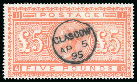 Stamp of Great Britain » 1855-1900 Surface Printed » 1867-83 High Values 1867-83 £5 orange AG with very neat and central Glasgow AP 5 95 cds