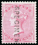 Stamp of Great Britain » 1855-1900 Surface Printed » 1855-57 No Corner Letters 1855-57 Wmk Medium Garter 4d carmine with "SPECIMEN" type 2 vertically, mint l.h. 