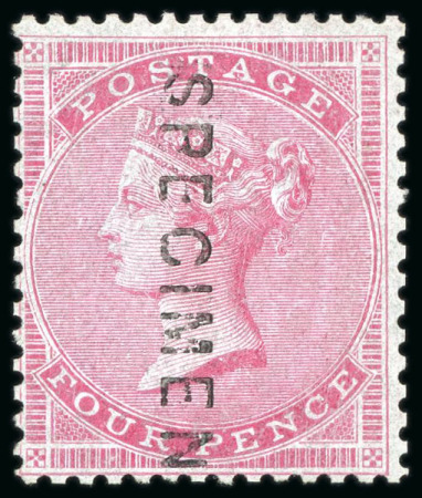 Stamp of Great Britain » 1855-1900 Surface Printed » 1855-57 No Corner Letters 1855-57 Wmk Medium Garter 4d carmine with "SPECIMEN" type 2 vertically, mint l.h. 