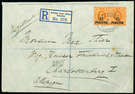 Stamp of British Levant  1912 (Apr 22) envelope sent registered to Germany with 1910 1 3/4pi on 4d pair, with left stamp showing variety
