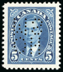 Stamp of Canada Officials: 1937-38 1c. green and 5c. blue each punctured