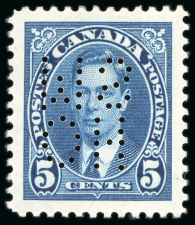 Stamp of Canada Officials: 1937-38 1c. green and 5c. blue each punctured