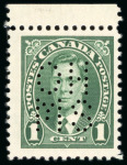 Stamp of Canada Officials: 1937-38 1c. green and 5c. blue each punctured
