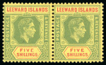 Stamp of Leeward Islands 1938 5s green and red on yellow pair with the left hand stamp variety damaged value tablet, mint 