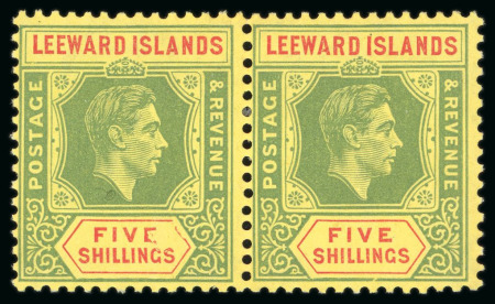 Stamp of Leeward Islands 1938 5s green and red on yellow pair with the left hand stamp variety damaged value tablet, mint 