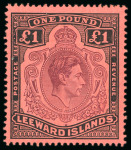 Stamp of Leeward Islands 1944 £1 purple and black on salmon-red paper with variety missing pearl, mint