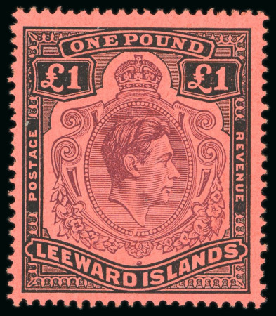 Stamp of Leeward Islands 1944 £1 purple and black on salmon-red paper with variety missing pearl, mint