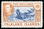 Stamp of Falkland Islands 1938 5s indigo and pale yellow-brown, mint large part o.g.