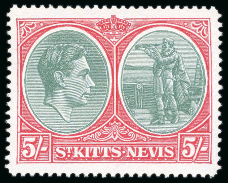 Stamp of St. Kitts-Nevis » St. Kitts-Nevis Crown Colony & Later 1938-50, 5s grey green and scarlet showing variety break in value tablet frame, mint
