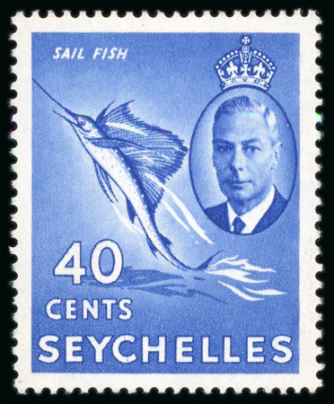 Stamp of Seychelles 1952 40c ultramarine mint large part o.g. with error St. Edwards Crown in watermark,