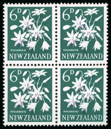 Stamp of New Zealand 1960 6d lilac, green and deep bluish green, mint n.h. block of four with variety green omitted